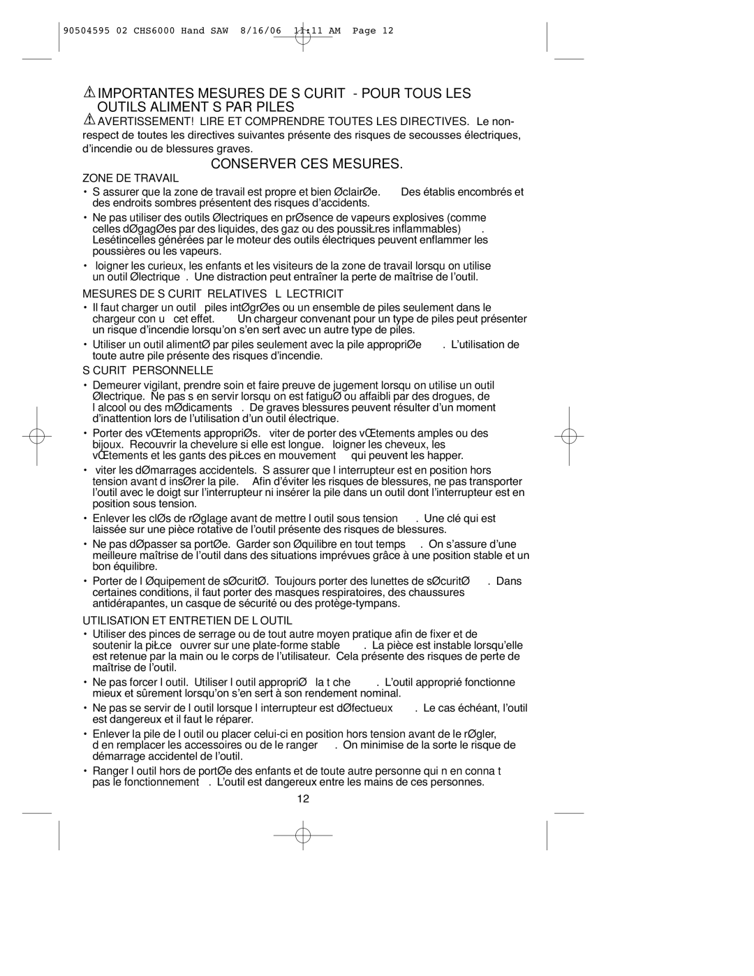 Black & Decker 90504595, CHS6000 Conserver CES Mesures, Zone DE Travail, Mesures DE Sécurité Relatives À L’ÉLECTRICITÉ 