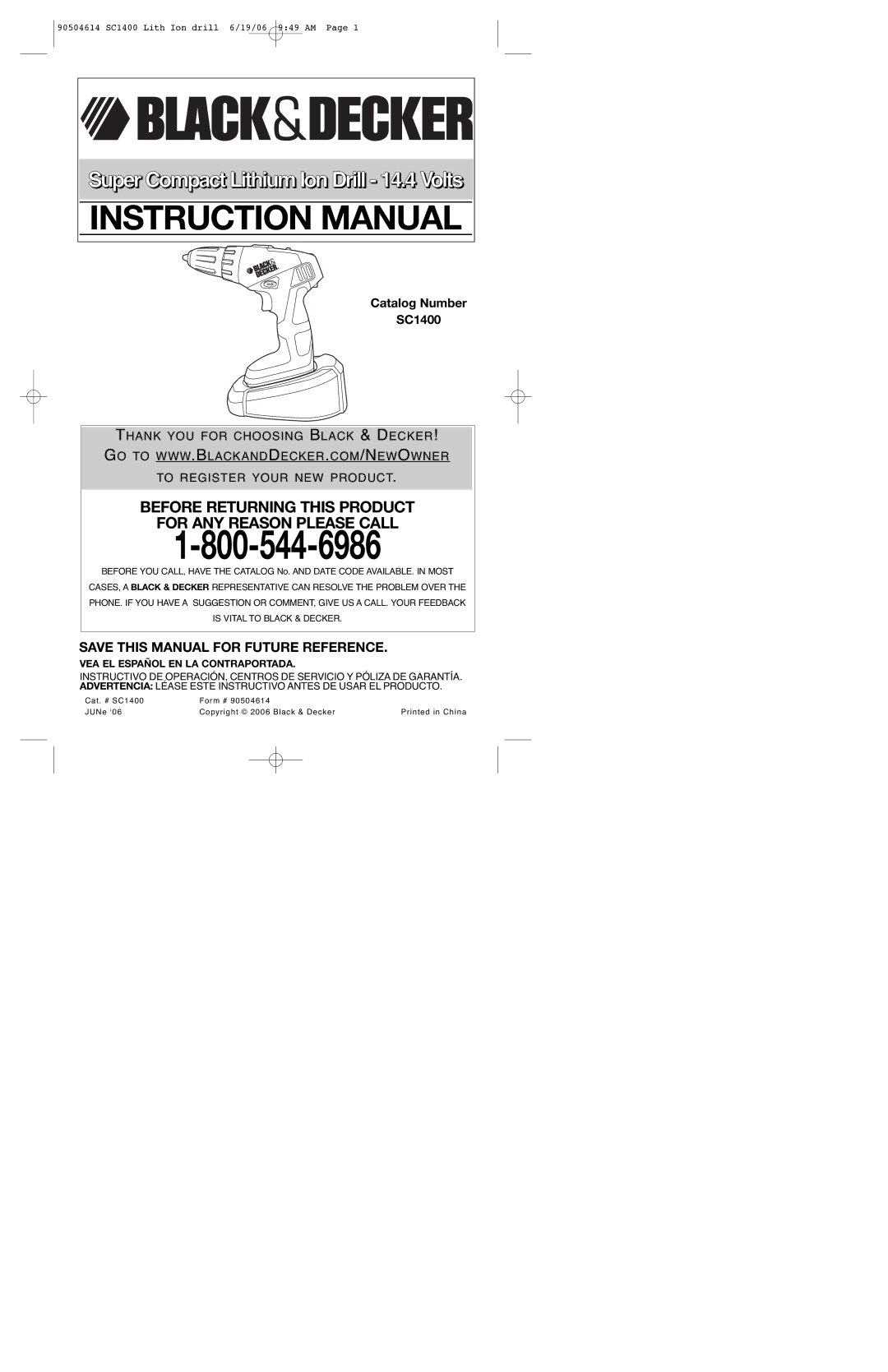 Black & Decker 90504614 instruction manual Catalog Number SC1400, VEA EL Español EN LA Contraportada 