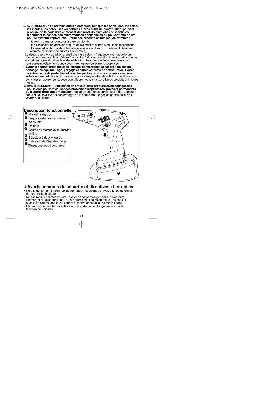 Black & Decker 90504614 instruction manual Avertissements de sécurité et directives bloc-piles, Description fonctionnelle 