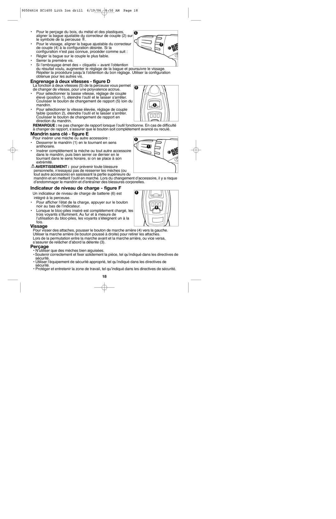 Black & Decker 90504614 instruction manual Engrenage à deux vitesses figure D, Mandrin sans clé figure E, Vissage, Perçage 