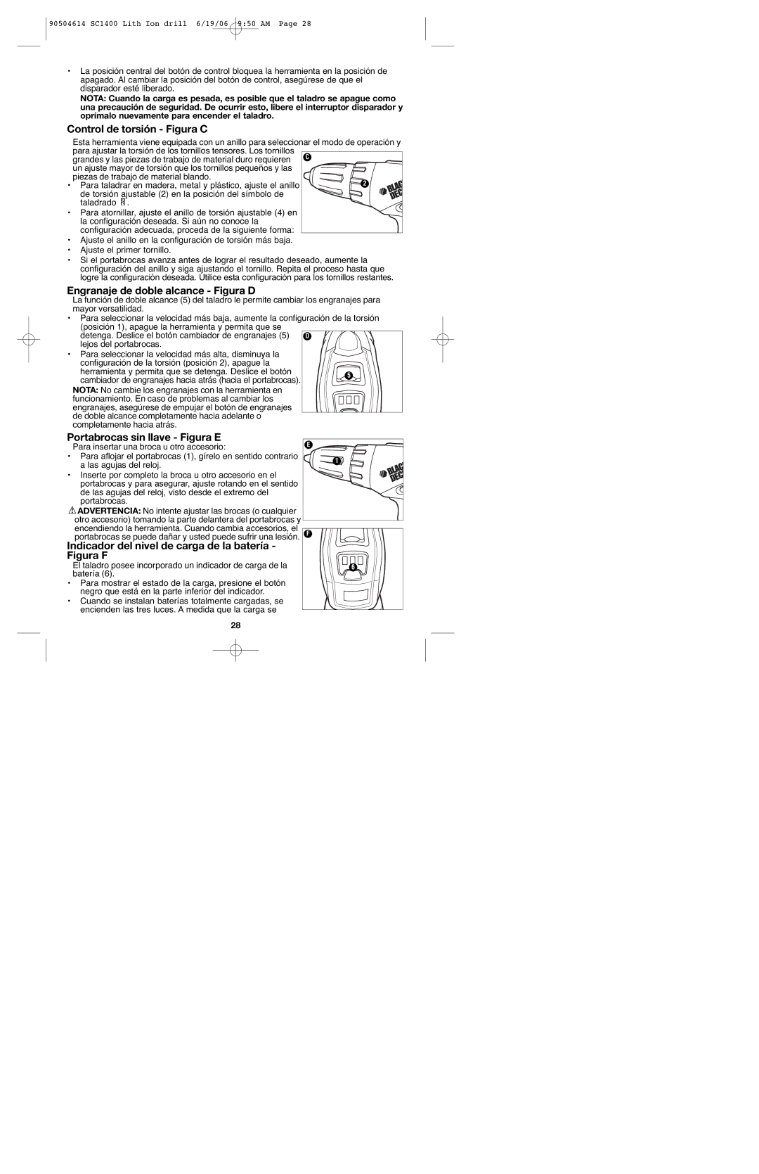 Black & Decker 90504614 Control de torsión Figura C, Engranaje de doble alcance Figura D, Portabrocas sin llave Figura E 