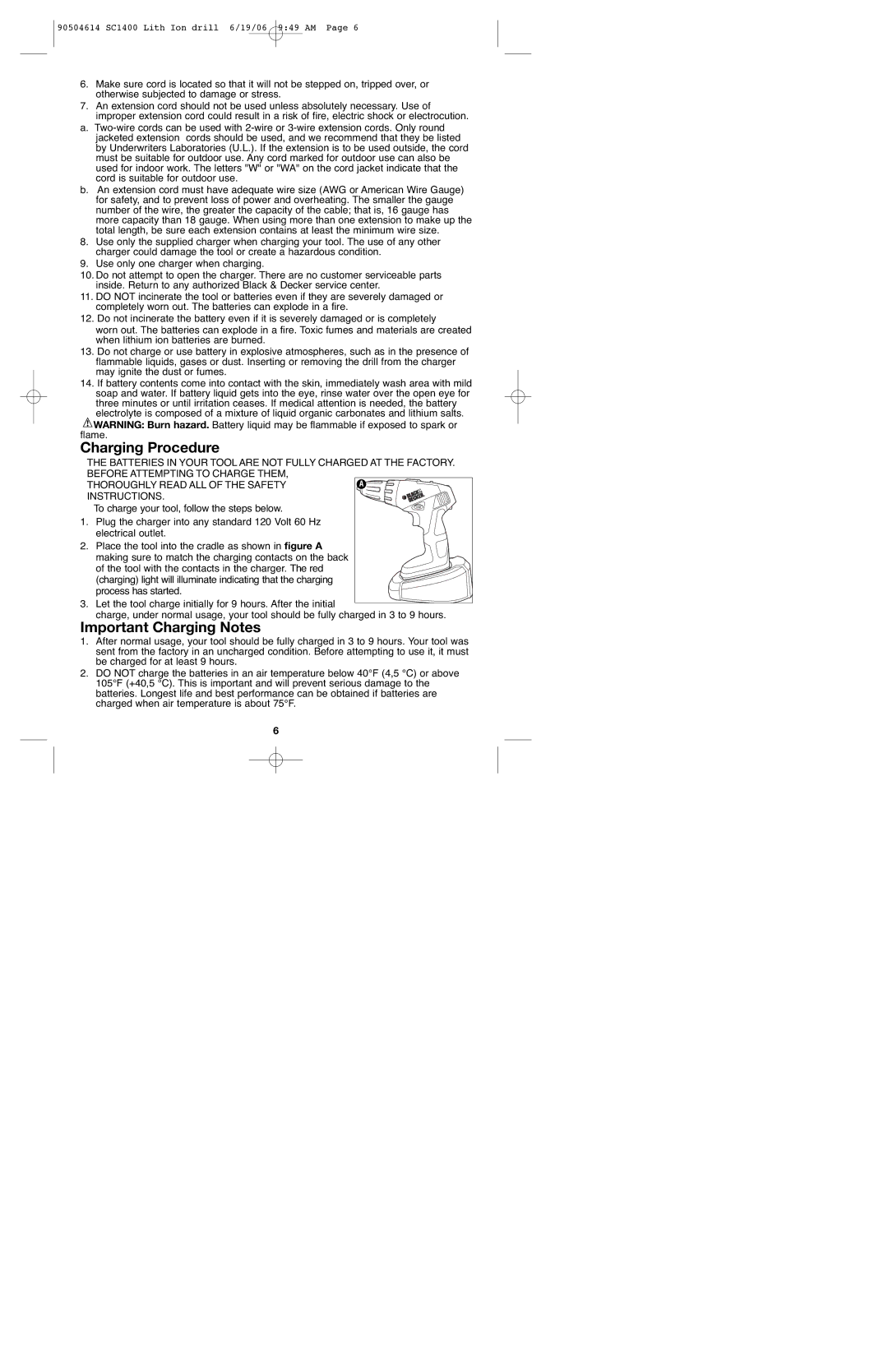 Black & Decker 90504614 instruction manual Charging Procedure, Important Charging Notes 