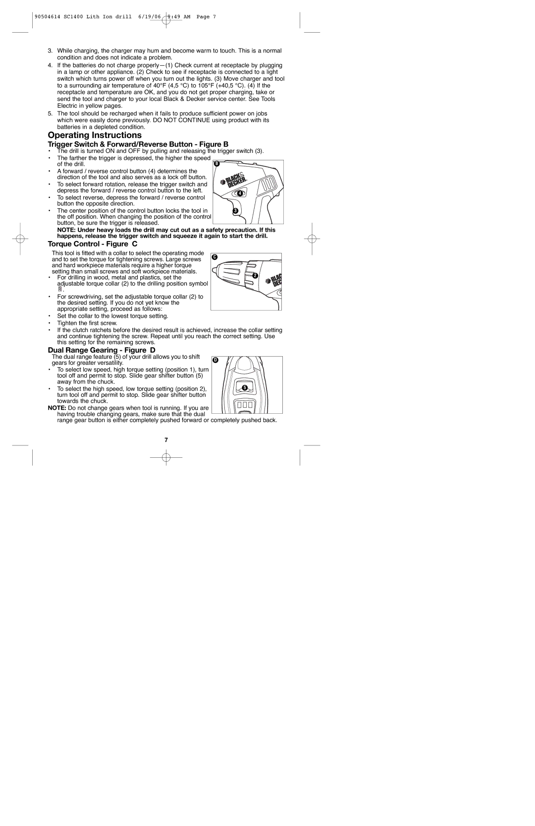 Black & Decker 90504614 Operating Instructions, Trigger Switch & Forward/Reverse Button Figure B, Torque Control Figure C 