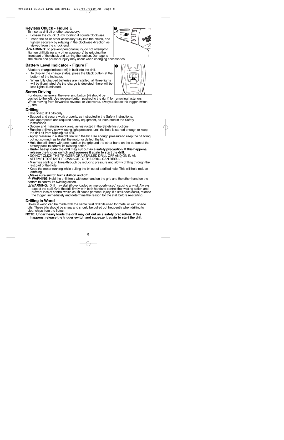 Black & Decker 90504614 instruction manual Battery Level Indicator Figure F, Screw Driving, Drilling in Wood 