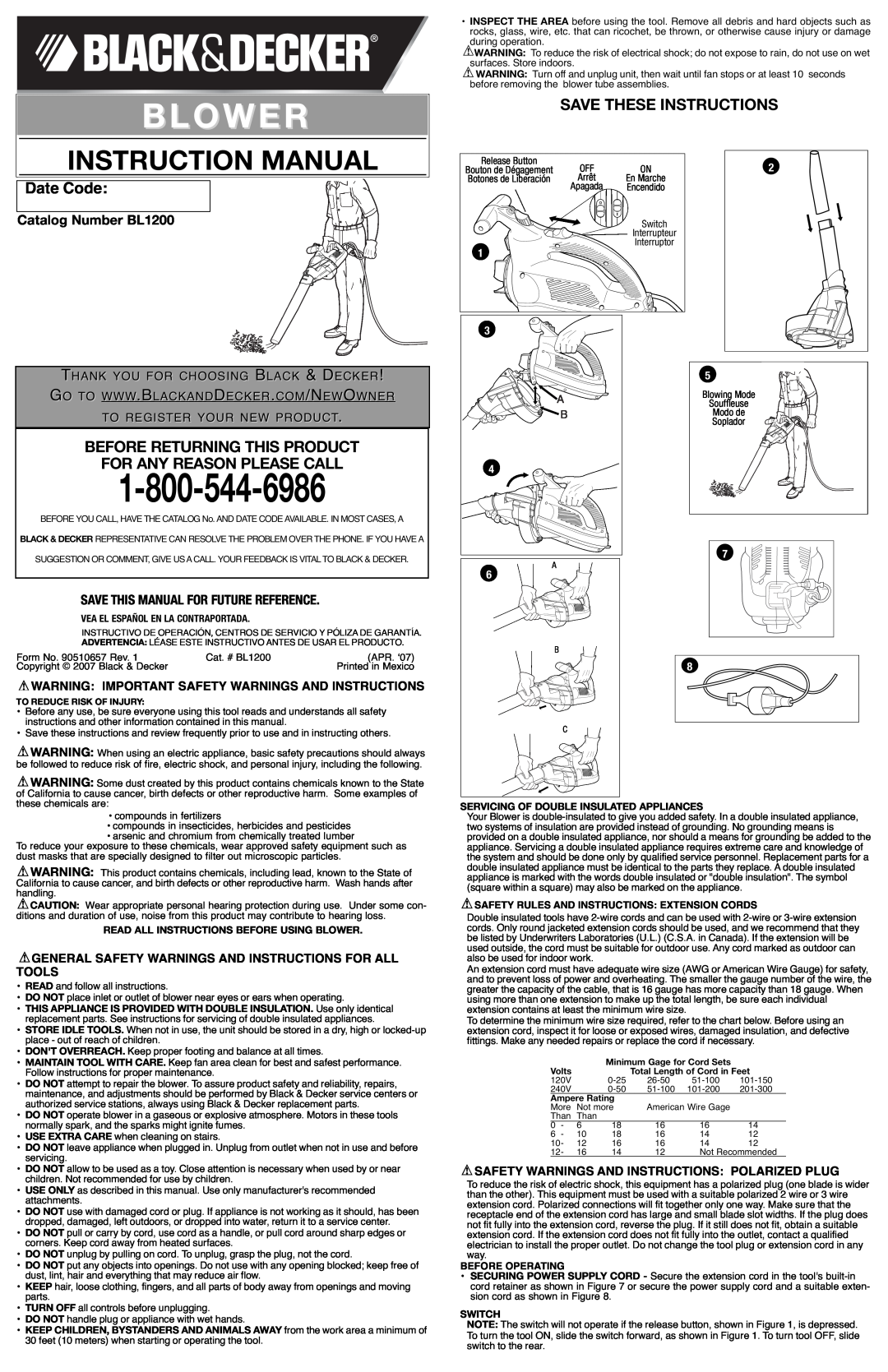 Black & Decker 90510657 instruction manual Blower, Save These Instructions, Catalog Number BL1200, Date Code 