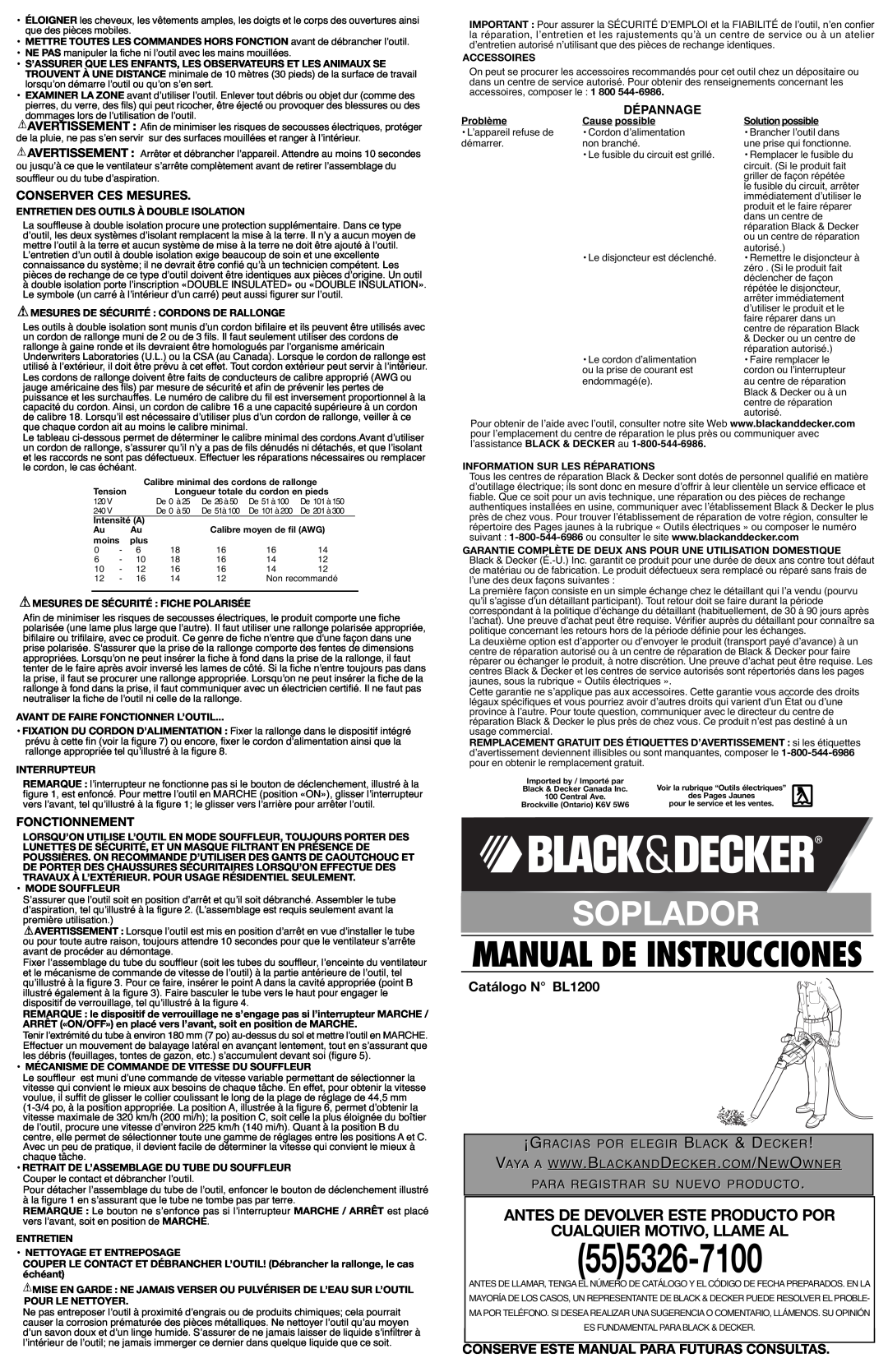Black & Decker 90510657 Soplador, Antes De Devolver Este Producto Por Cualquier Motivo, Llame Al, Catálogo N BL1200 