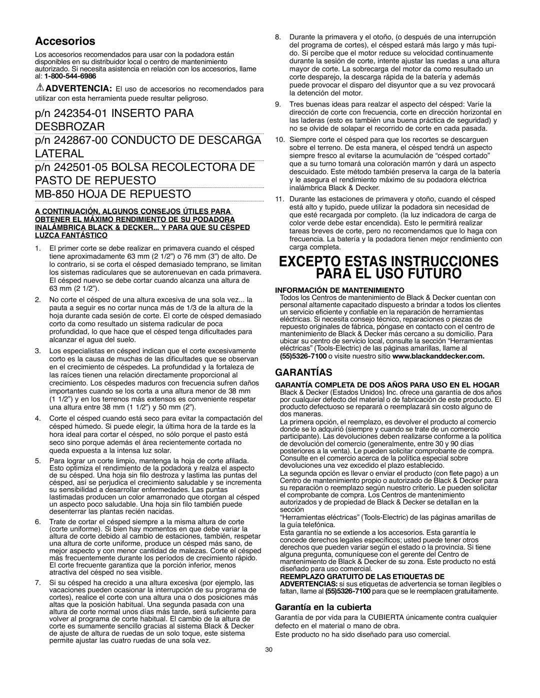 Black & Decker 90514757 Excepto Estas Instrucciones Para EL USO Futuro, Garantías, Información DE Mantenimiento 