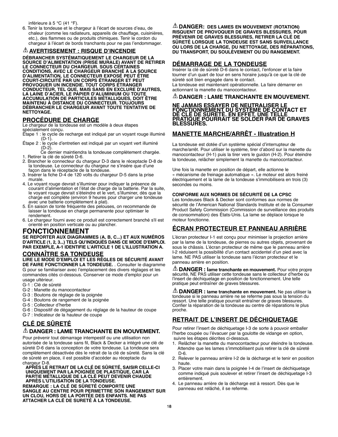 Black & Decker 90514757 instruction manual Fonctionnement, Procédure De Charge, Connaître Sa Tondeuse, Clé De Sûreté 