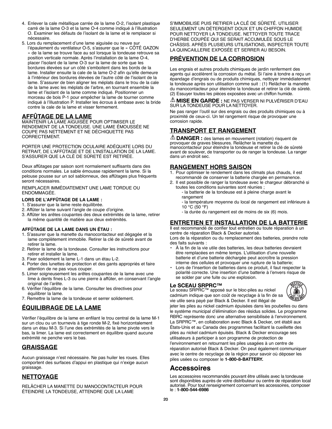Black & Decker 90514757 instruction manual Accessoires, Affûtage De La Lame, Équilibrage De La Lame, Graissage, Nettoyage 