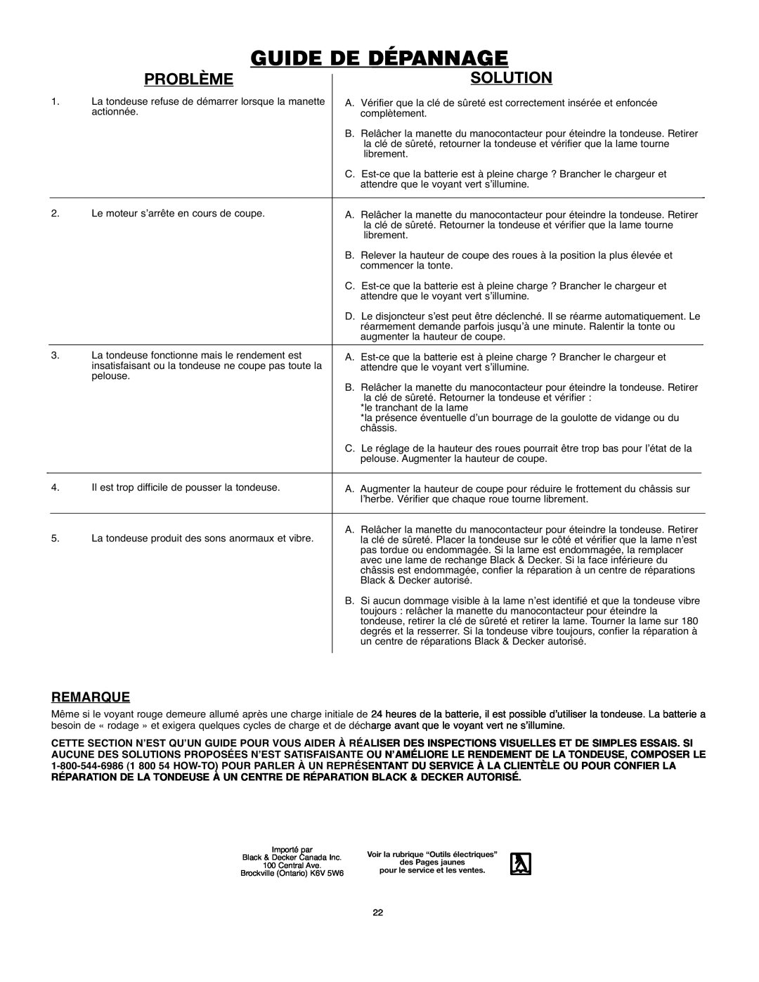 Black & Decker 90514757 instruction manual Guide De Dépannage, Problème, Solution, Remarque 