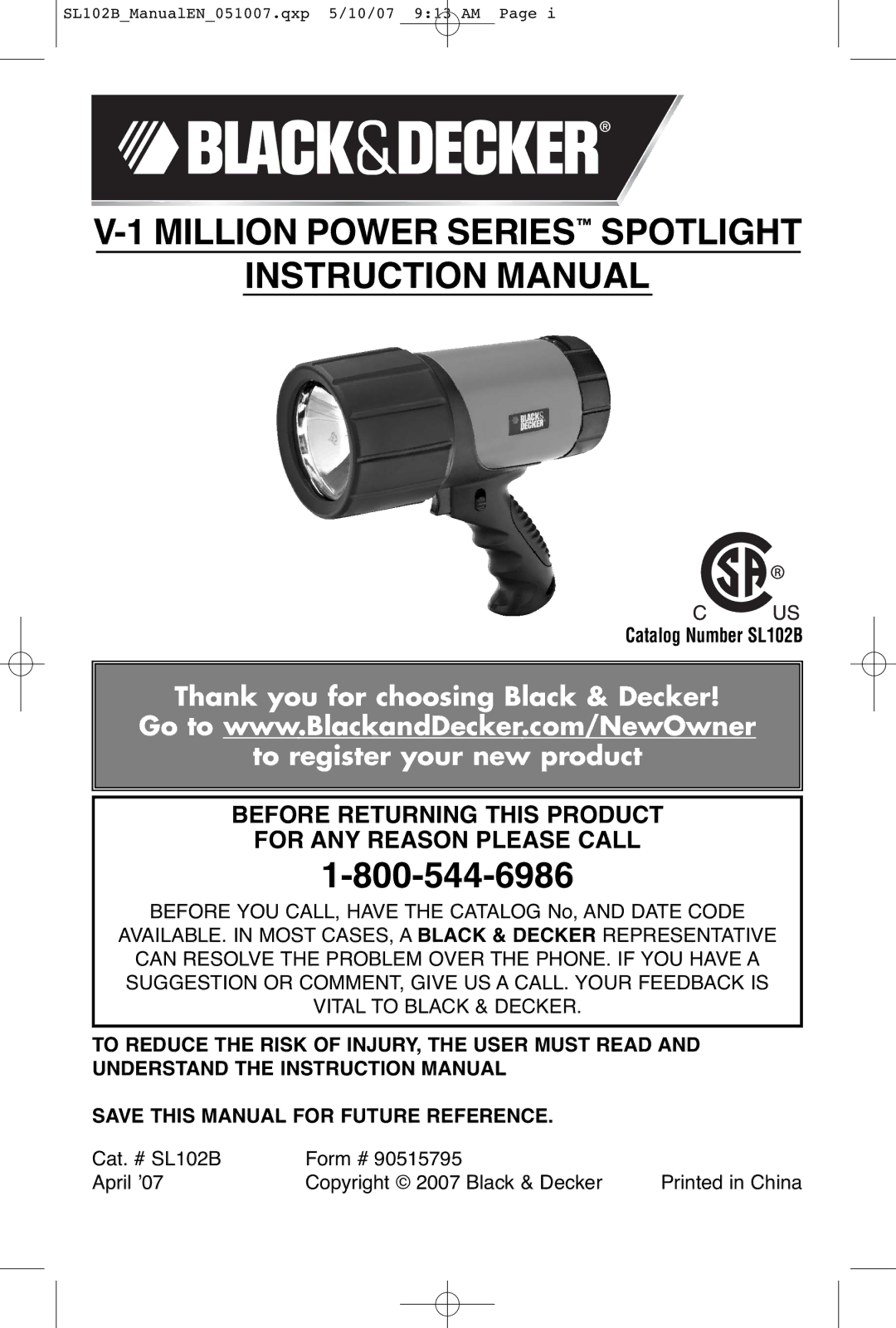 Black & Decker V-1 Million instruction manual Million Power Series Spotlight, Save this Manual for Future Reference 