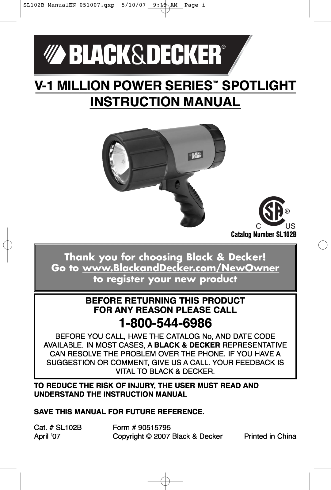 Black & Decker V-1 Million, 90515795 instruction manual Catalog Number SL102B, Save This Manual For Future Reference 