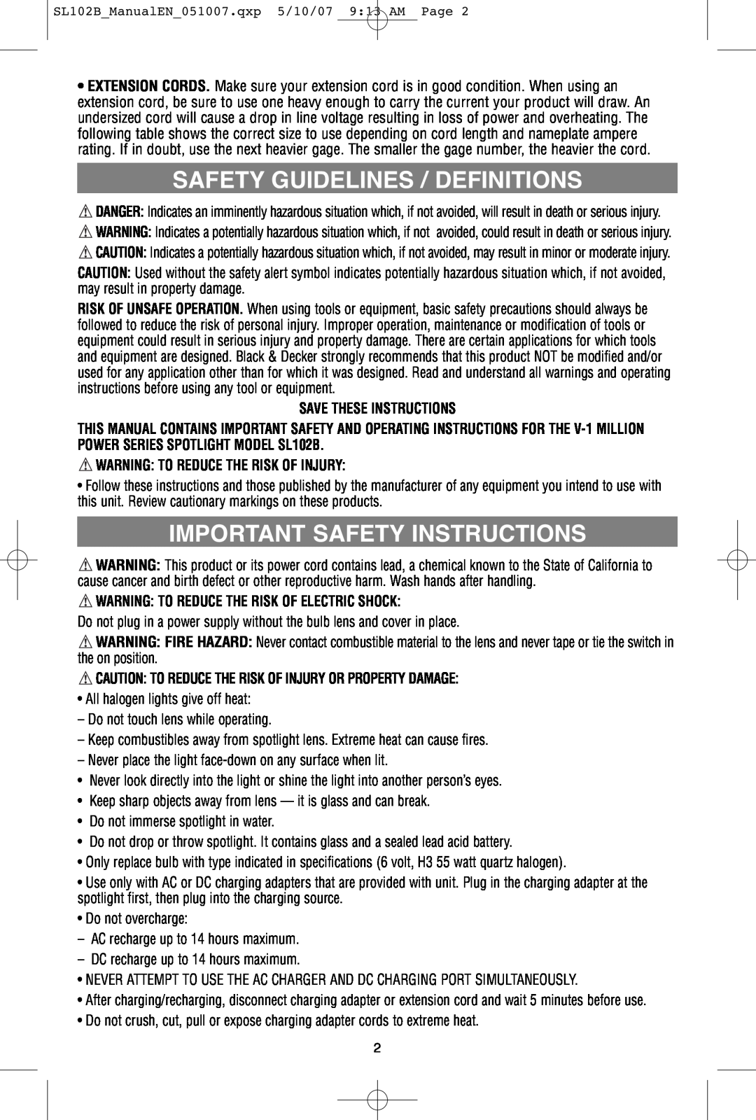 Black & Decker V-1 Million Safety Guidelines / Definitions, Important Safety Instructions, Save These Instructions 