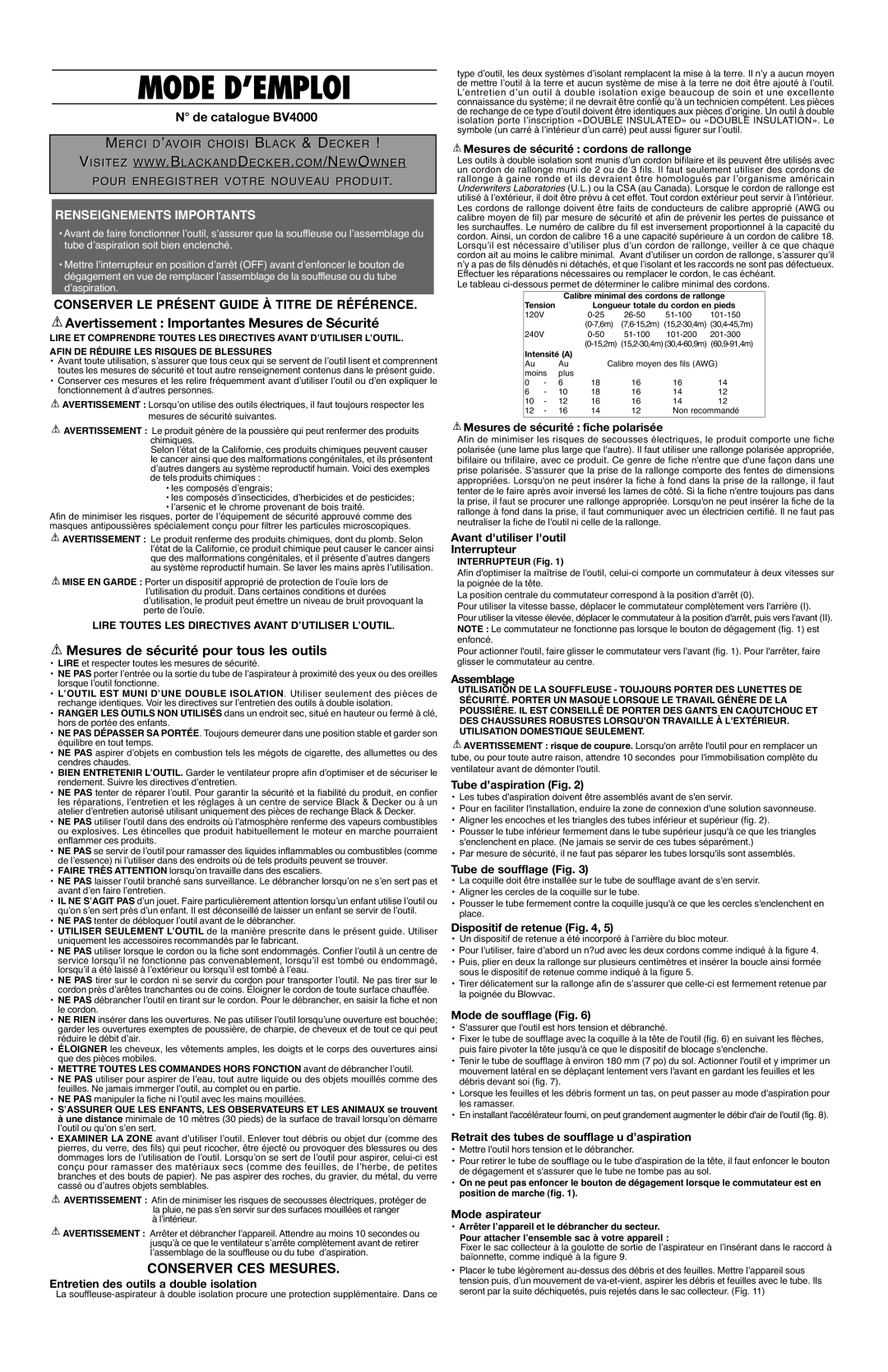 Black & Decker 90517736 Entretien des outils a double isolation, Mesures de sécurité cordons de rallonge, Assemblage 