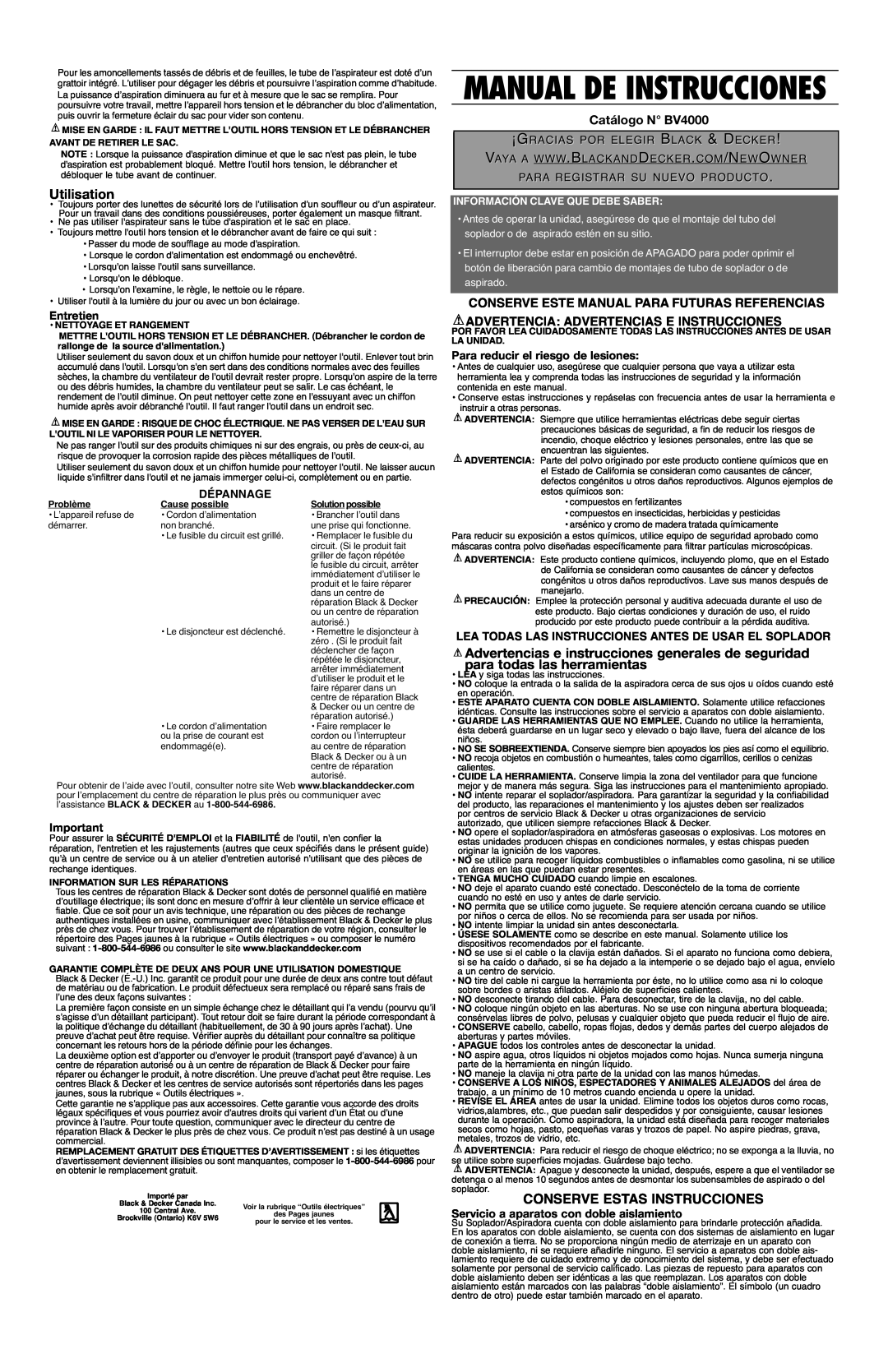 Black & Decker 90517736 Utilisation, Conserve Estas Instrucciones, Catálogo N BV4000, Dépannage, Manual De Instrucciones 