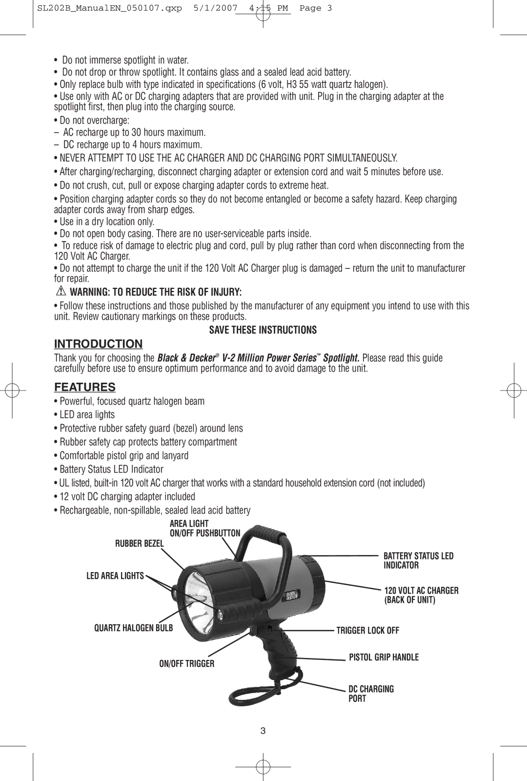 Black & Decker 90518422, SL202B instruction manual Introduction, Features 