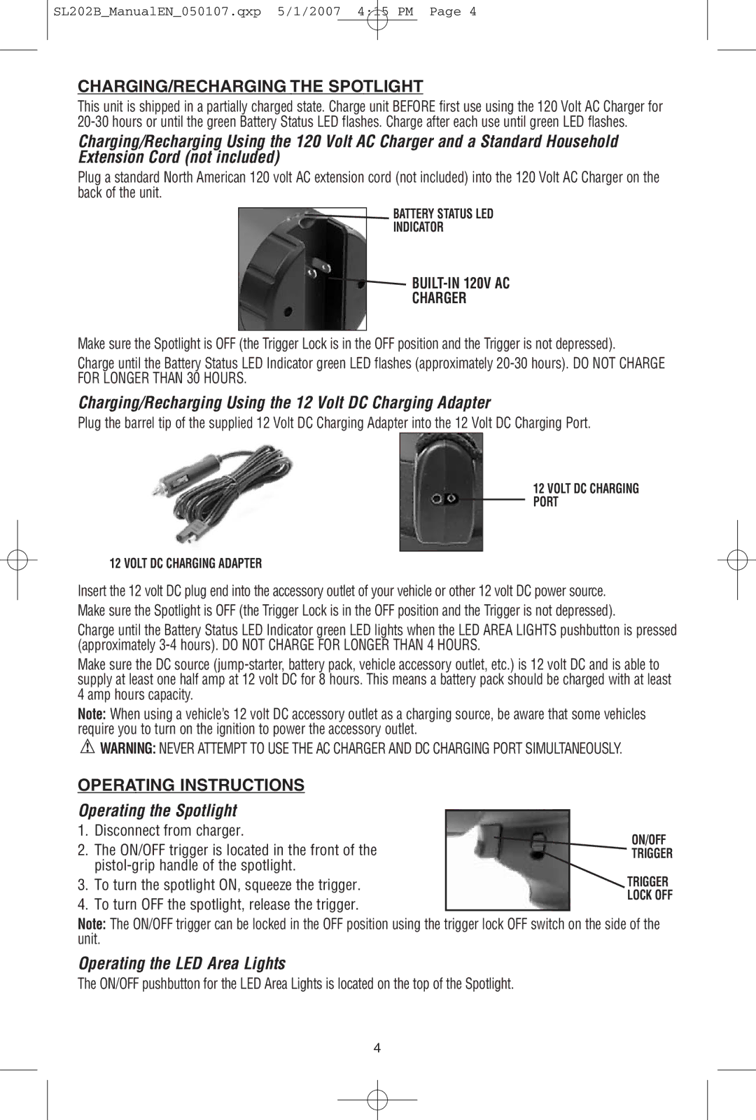 Black & Decker SL202B CHARGING/RECHARGING the Spotlight, Charging/Recharging Using the 12 Volt DC Charging Adapter 