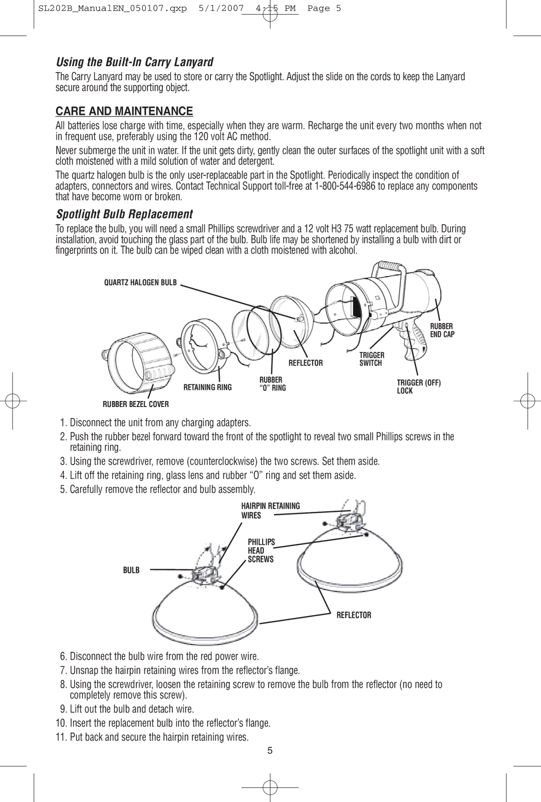 Black & Decker 90518422, SL202B Using the Built-In Carry Lanyard, Care and Maintenance, Spotlight Bulb Replacement 