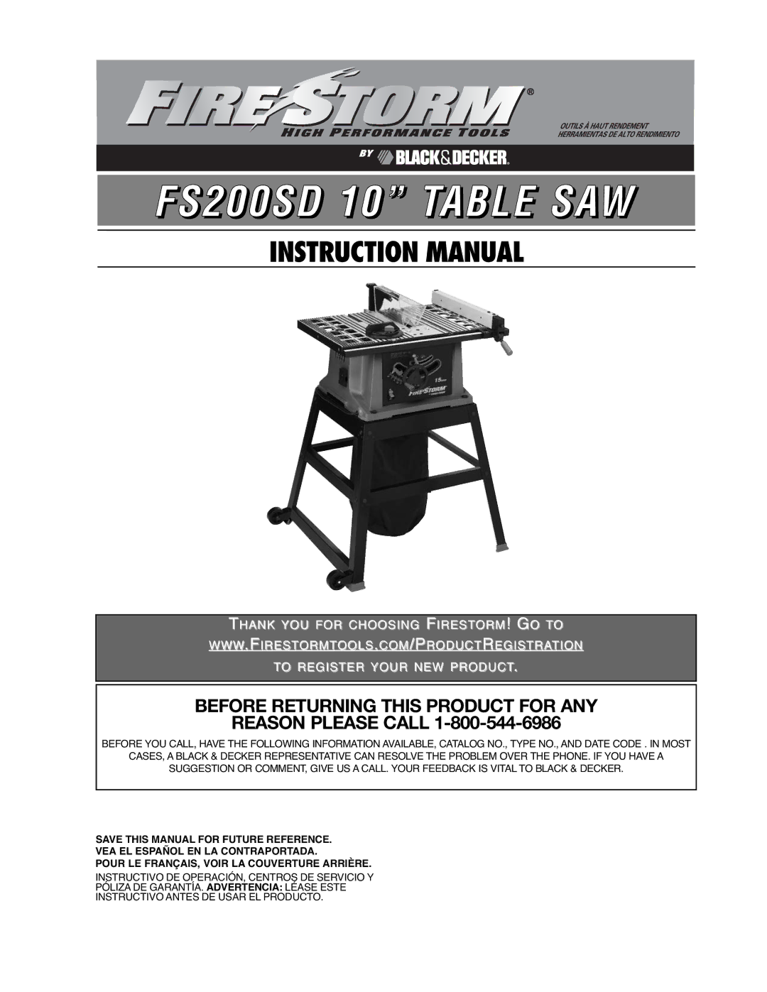 Black & Decker 90521029 instruction manual FS200SD 10 Table SAW, Before Returning this Product for ANY 