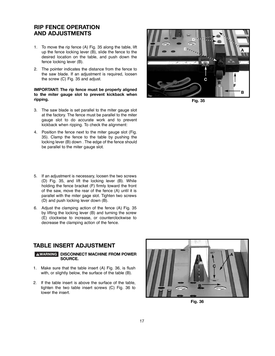 Black & Decker 90521029 instruction manual RIP Fence Operation Adjustments, Table Insert Adjustment 