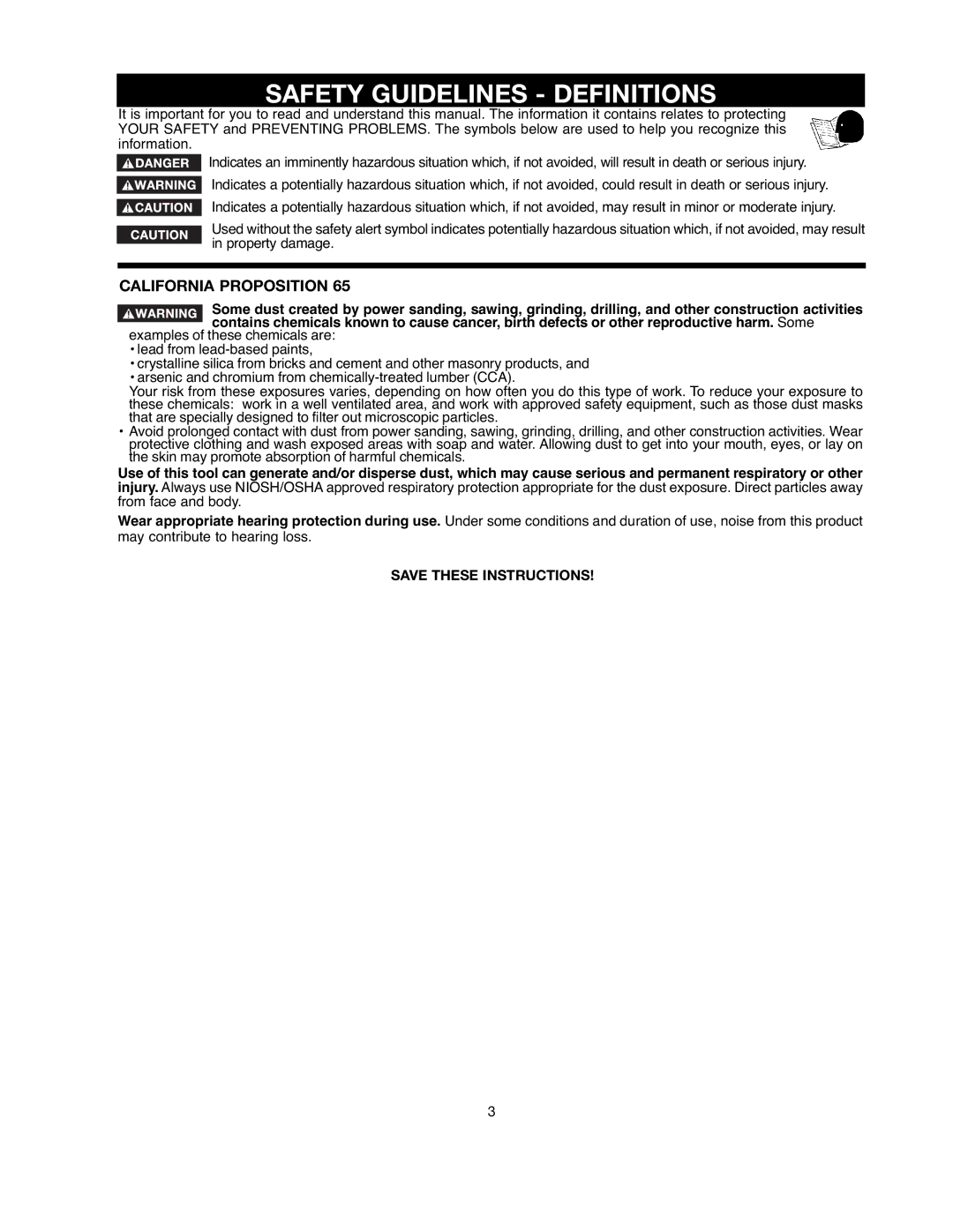 Black & Decker 90521029 instruction manual Safety Guidelines Definitions, California Proposition 