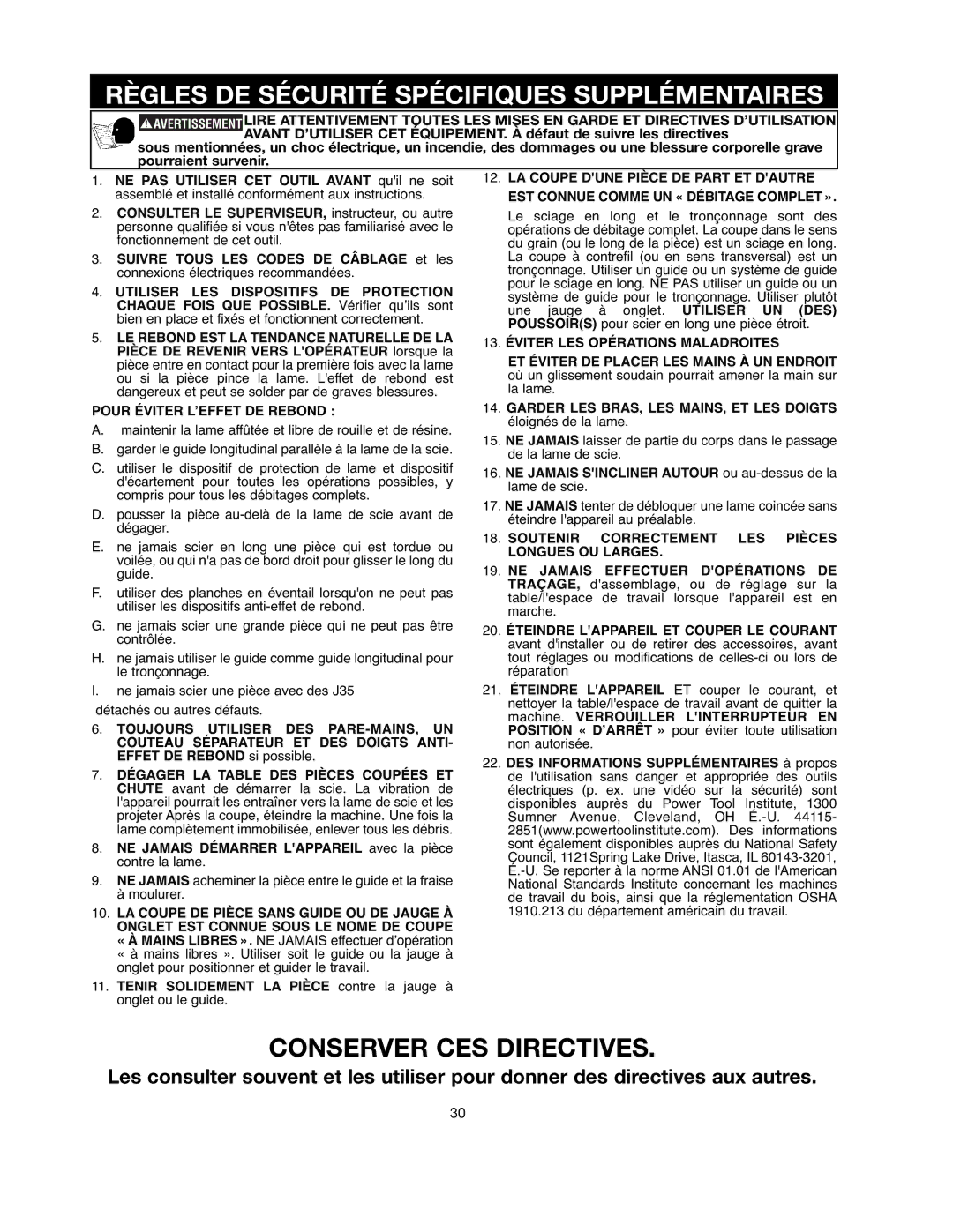 Black & Decker 90521029 instruction manual Règles DE Sécurité Spécifiques Supplémentaires, Pour Éviter L’EFFET DE Rebond 