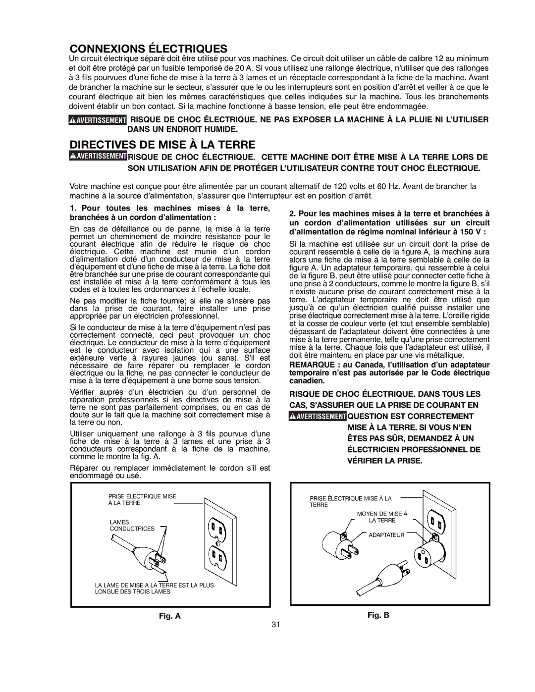 Black & Decker 90521029 instruction manual Connexions Électriques, Directives DE Mise À LA Terre 