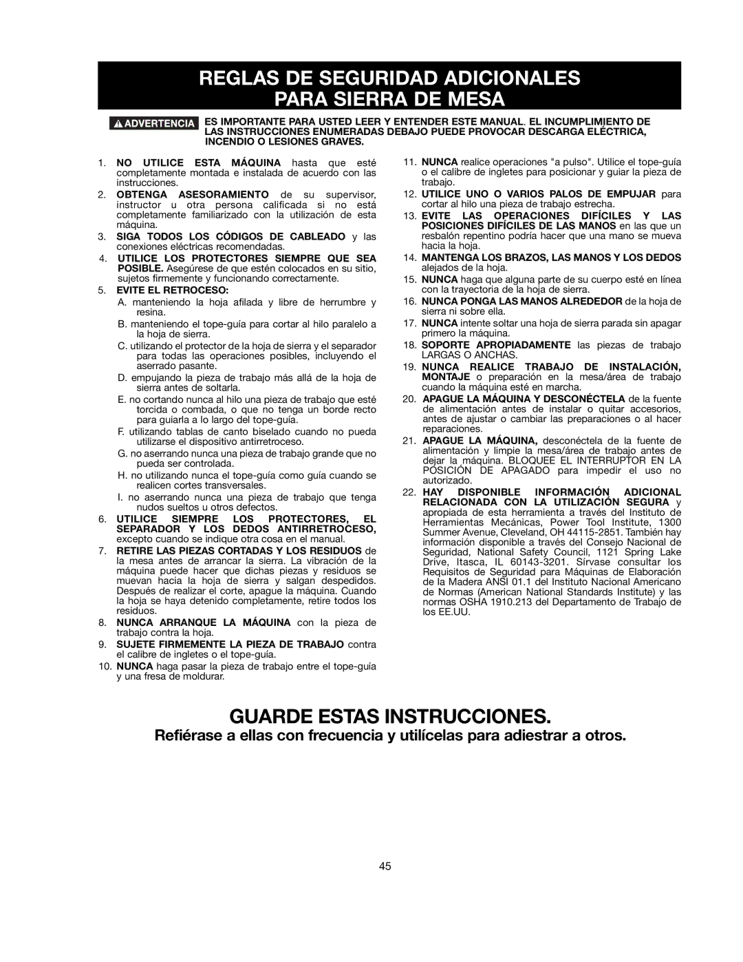 Black & Decker 90521029 instruction manual Reglas DE Seguridad Adicionales Para Sierra DE Mesa, Evite EL Retroceso 