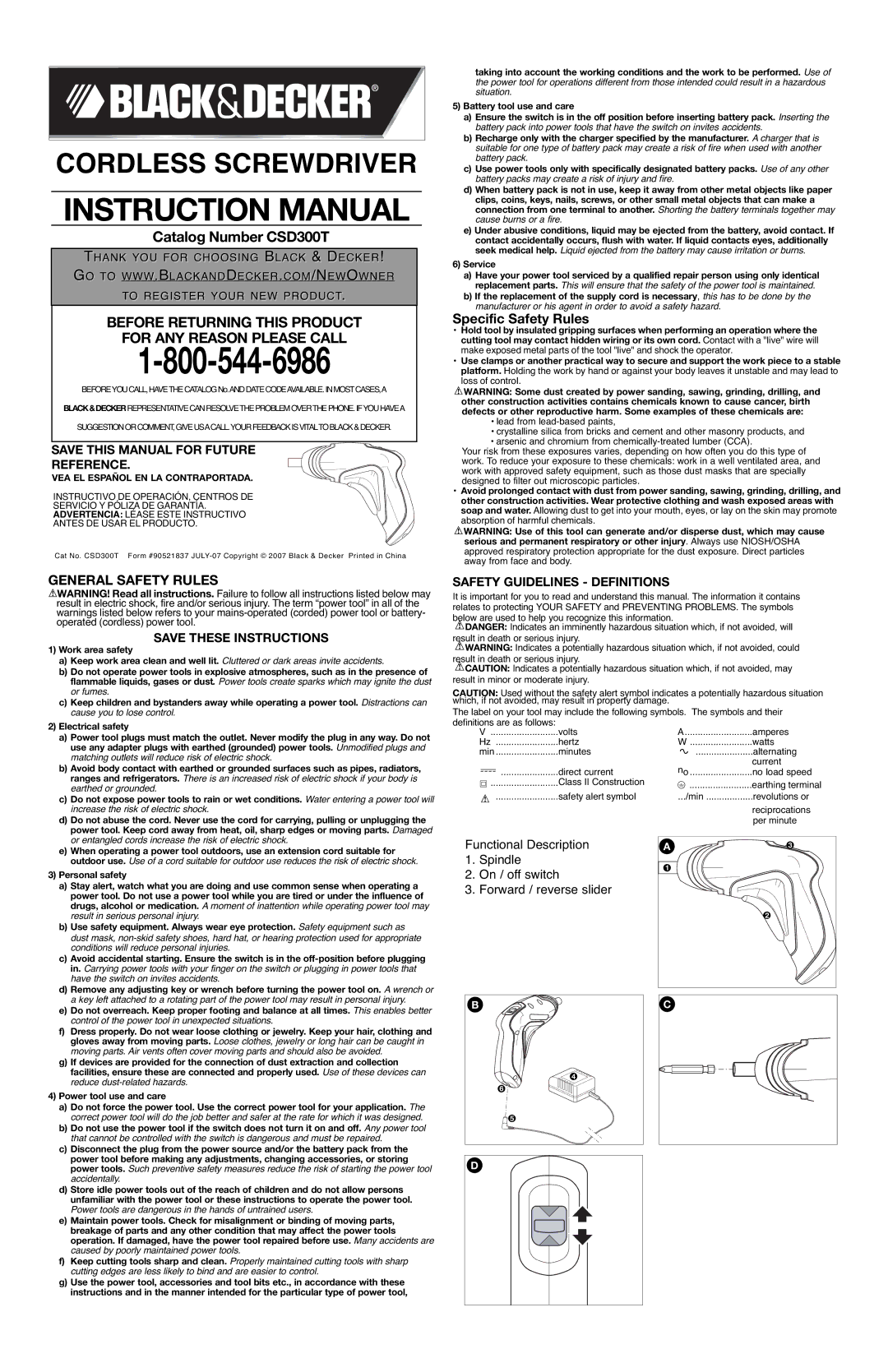 Black & Decker 90521837 instruction manual General Safety Rules, Specific Safety Rules, Safety Guidelines Definitions 