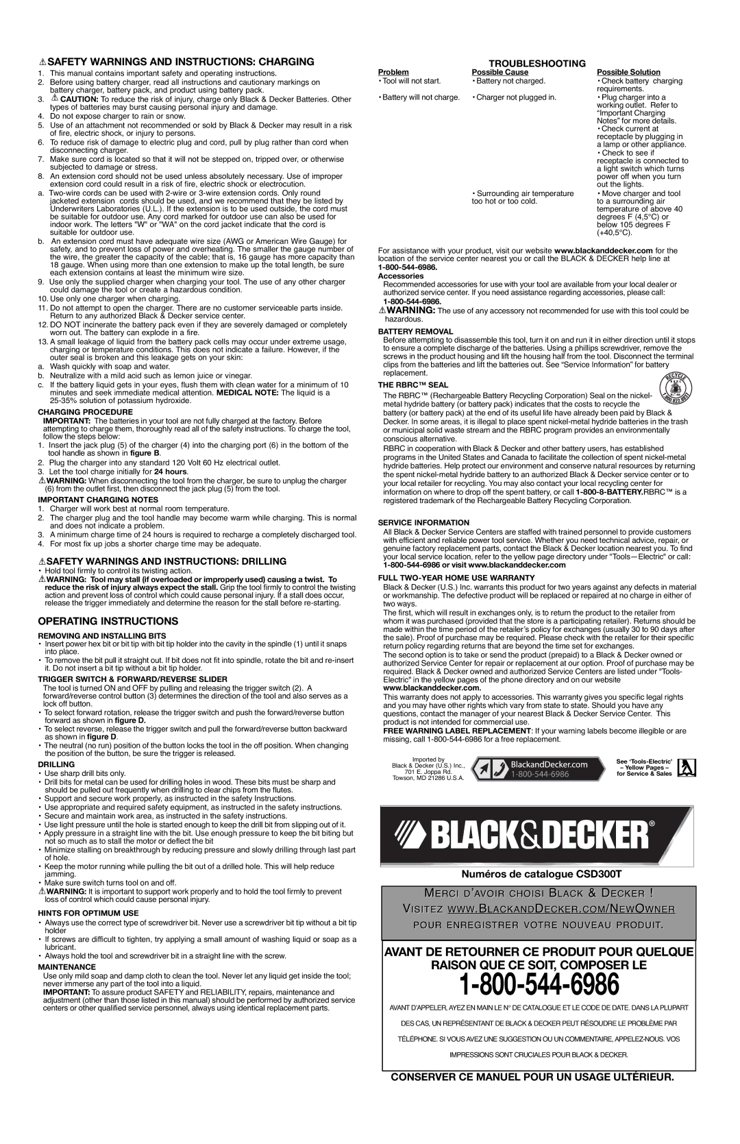 Black & Decker 90521837 Safety Warnings and Instructions Charging, Operating Instructions, Troubleshooting 