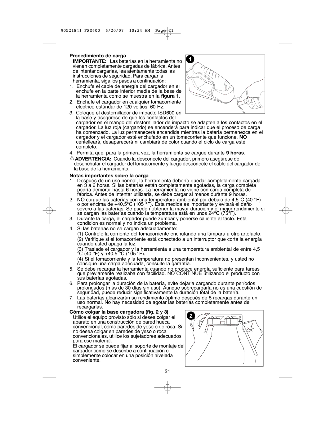 Black & Decker FSD600, 90521841 Procedimiento de carga, Notas importantes sobre la carga, Cómo colgar la base cargadora y 