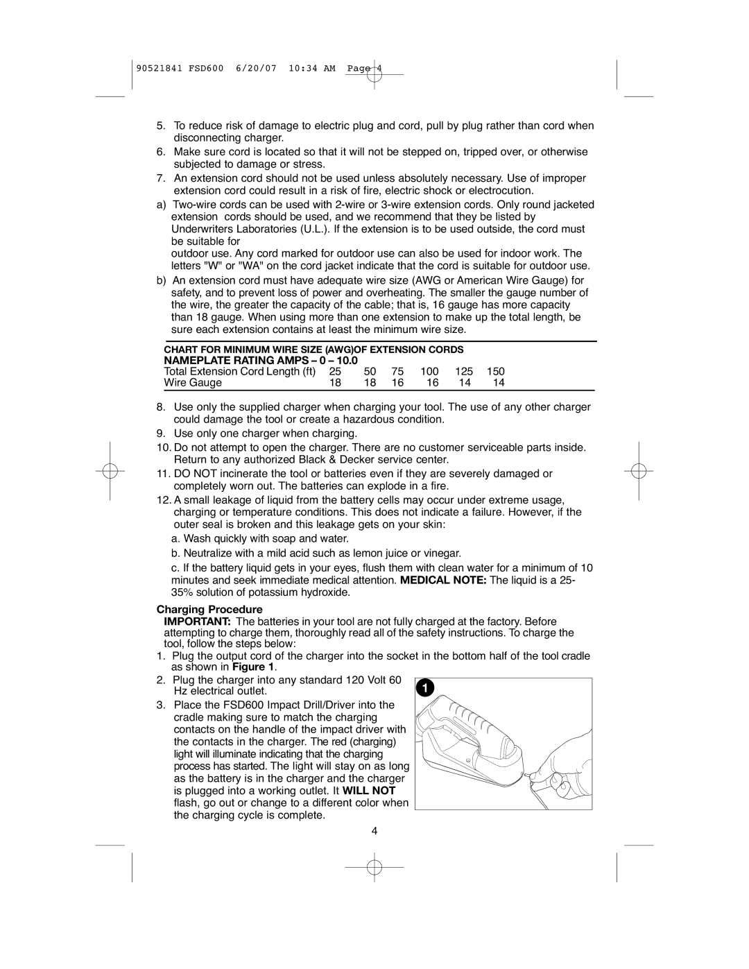 Black & Decker 90521841, FSD600 instruction manual Nameplate Rating Amps 0, Charging Procedure 