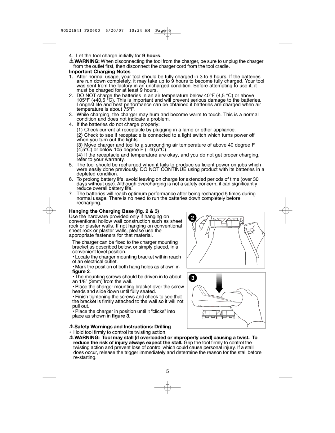 Black & Decker FSD600 Important Charging Notes, Hanging the Charging Base, Safety Warnings and Instructions Drilling 