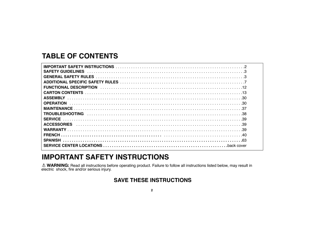 Black & Decker 90528012 instruction manual Table of Contents, Important Safety Instructions 