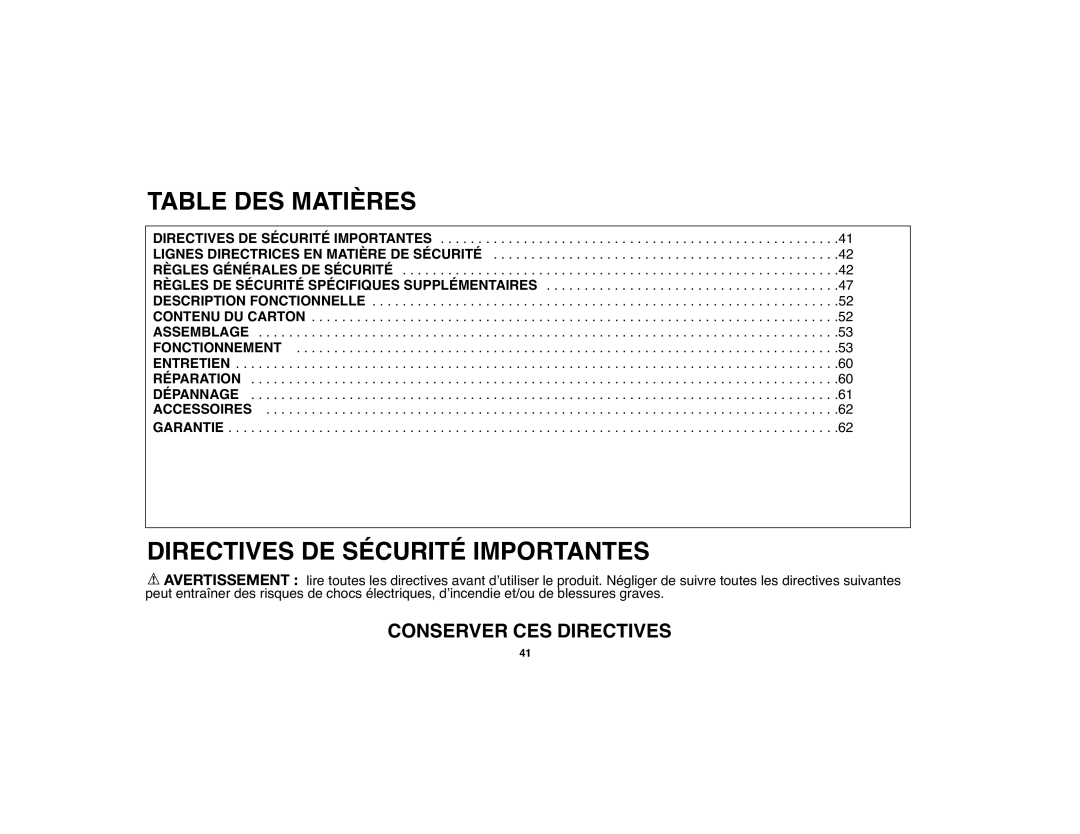 Black & Decker 90528012 instruction manual Table DES Matières, Directives DE Sécurité Importantes, Conserver CES Directives 