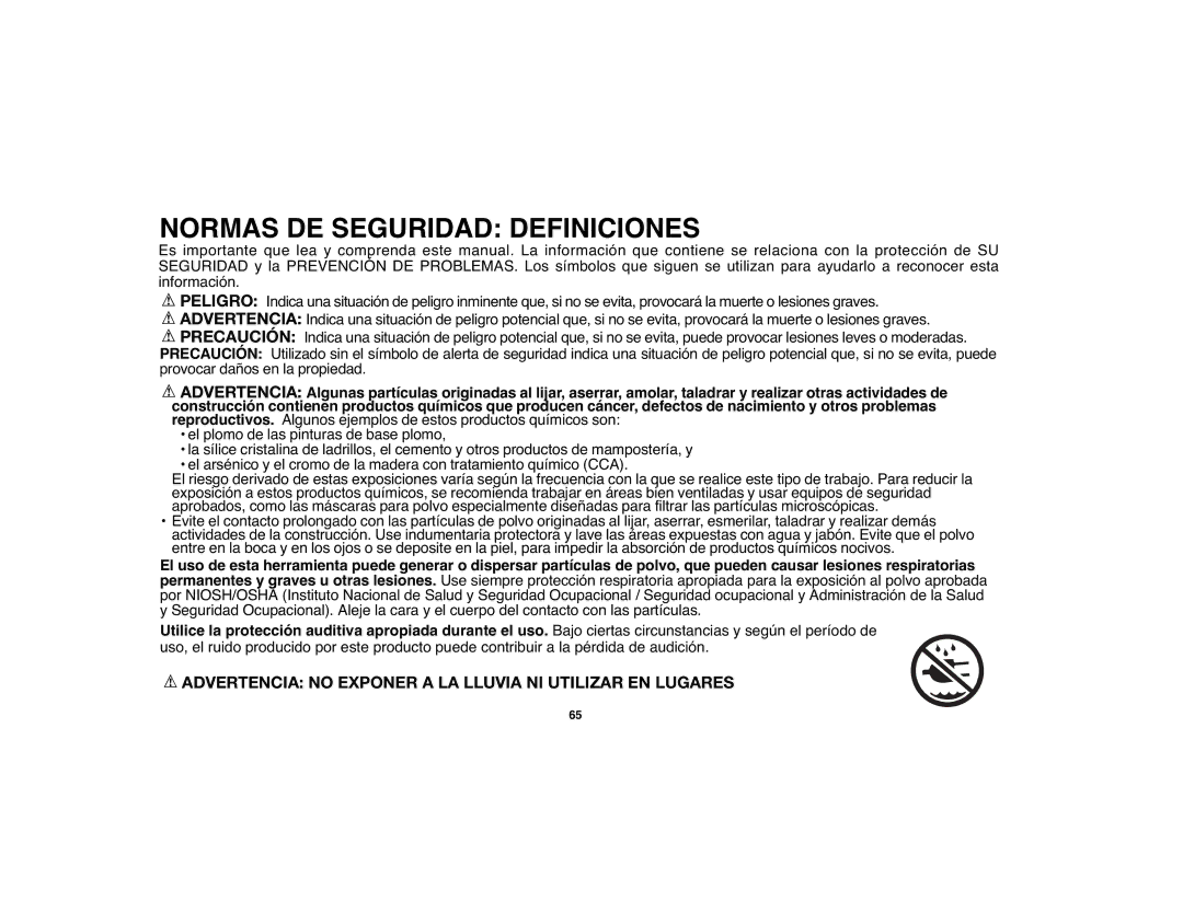 Black & Decker 90528012 Normas DE Seguridad Definiciones, Advertencia no Exponer a LA Lluvia NI Utilizar EN Lugares 