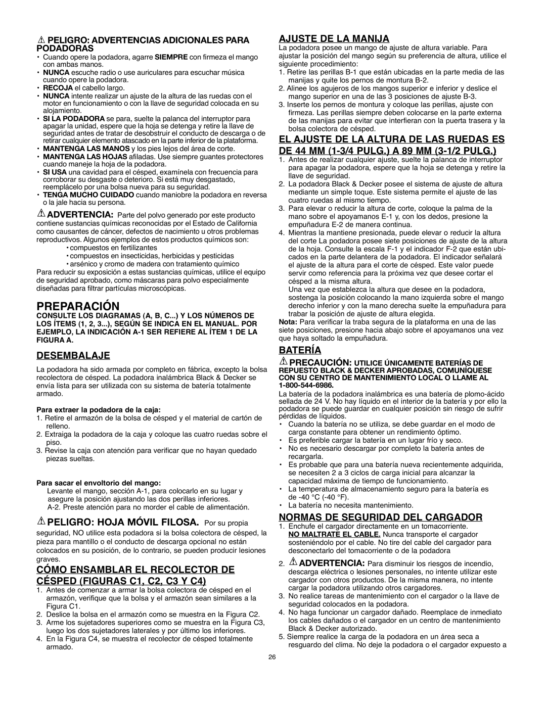 Black & Decker 90531291 Preparación, Desembalaje, Ajuste DE LA Manija, Batería, Normas DE Seguridad DEL Cargador 