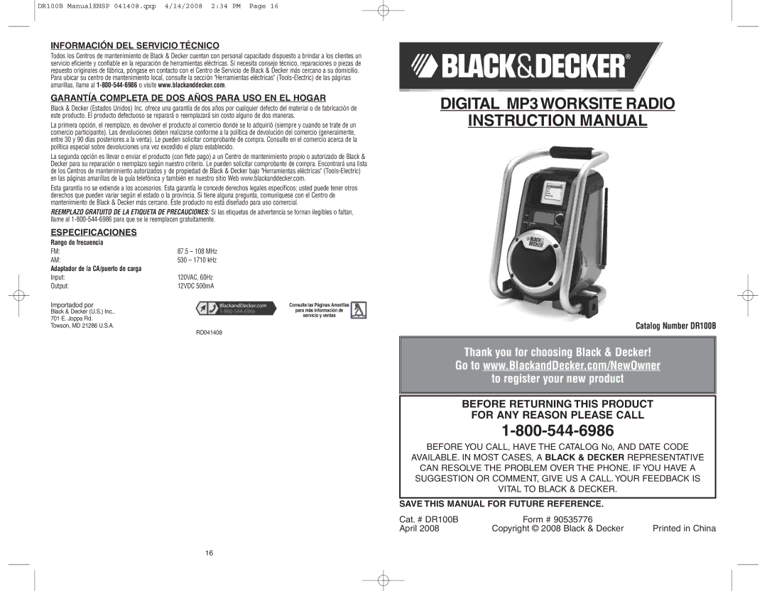 Black & Decker DR100B, 90535776 instruction manual Digital MP3 Worksite Radio, Especificaciones, Rango de frecuencia 