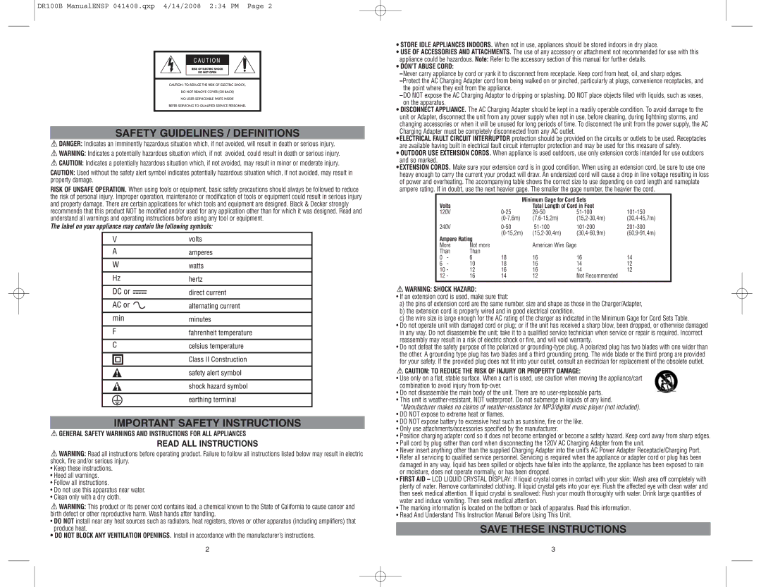 Black & Decker 90535776, DR100B Safety Guidelines / Definitions, Important Safety Instructions, Read ALL Instructions 