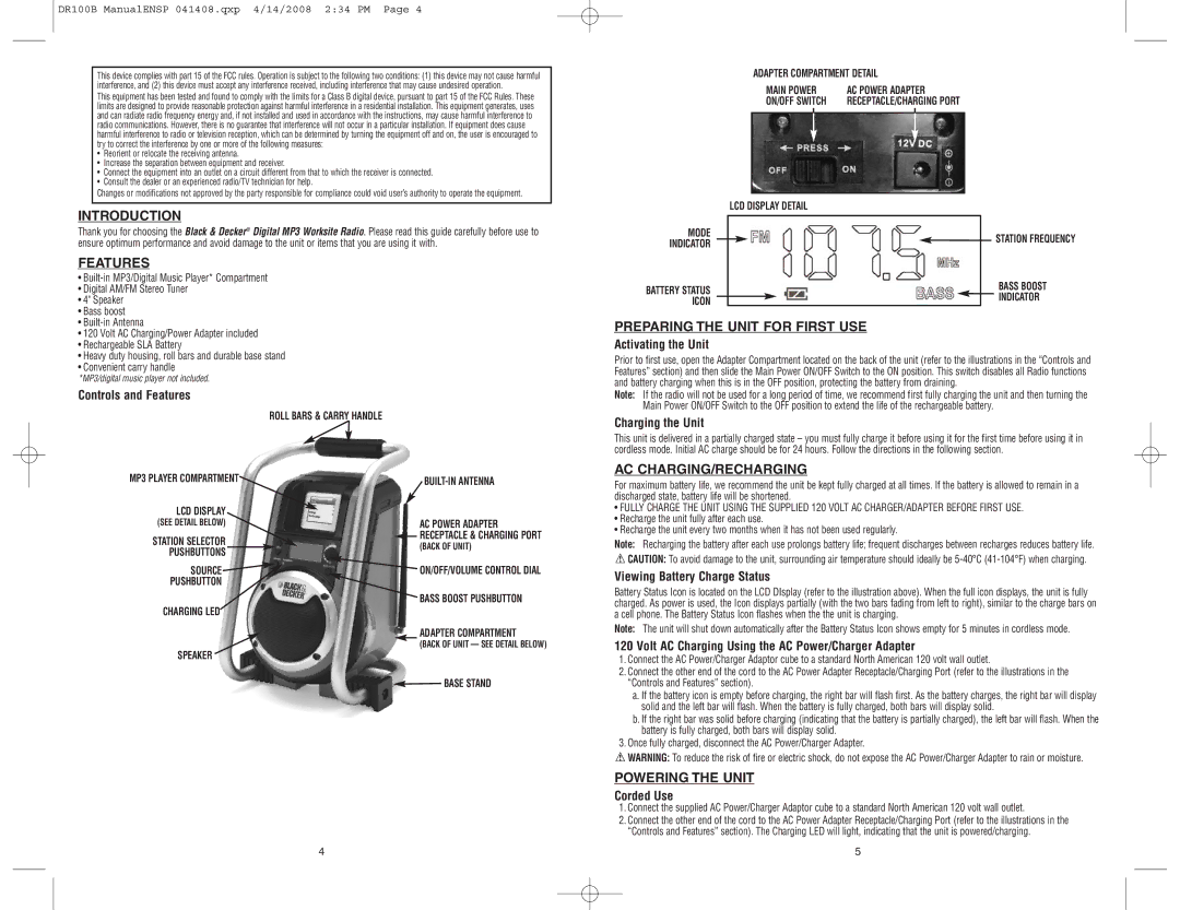 Black & Decker DR100B Introduction, Features, Preparing the Unit for First USE, Ac Charging/Recharging, Powering the Unit 