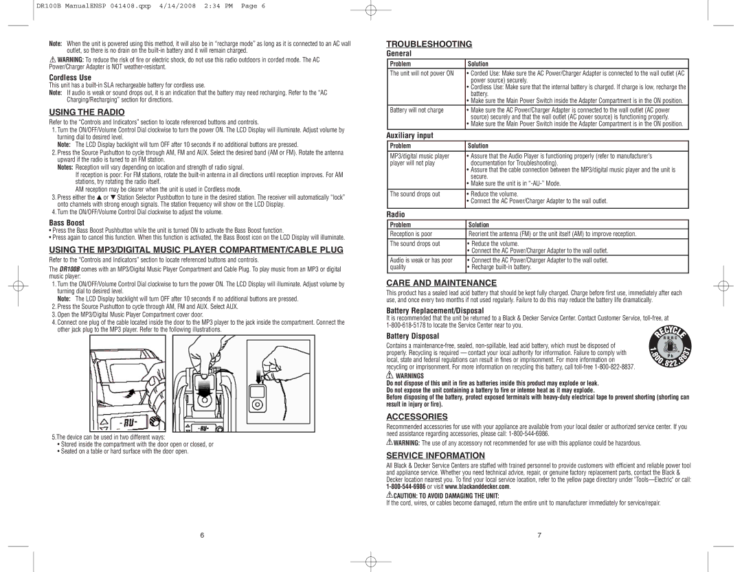 Black & Decker 90535776 Using the Radio, Using the MP3/DIGITAL Music Player COMPARTMENT/CABLE Plug, Troubleshooting 