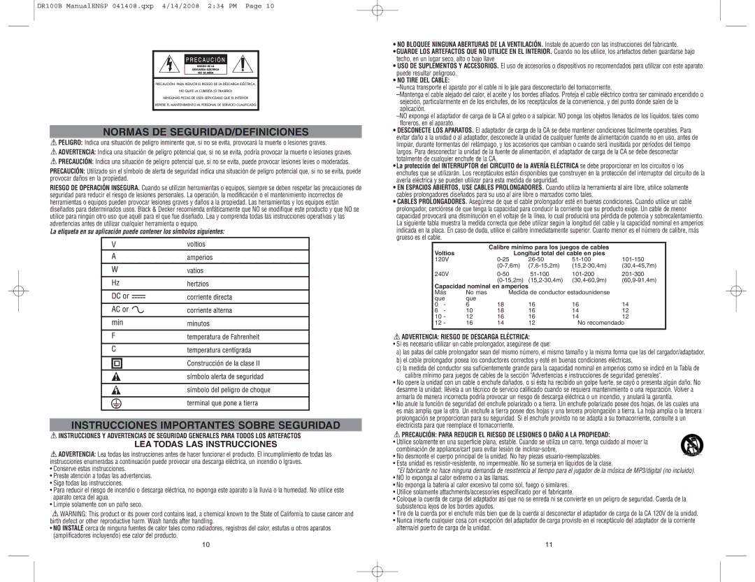 Black & Decker 90535776 Normas DE SEGURIDAD/DEFINICIONES, Instrucciones Importantes Sobre Seguridad, No Tire DEL Cable 