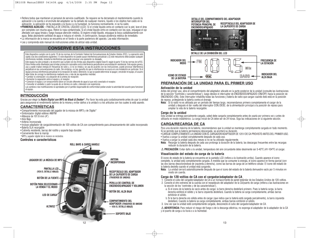 Black & Decker DR100B, 90535776 Conserve Esta Instrucciones, Introducción, Características, Carga/Recarga De Ca 