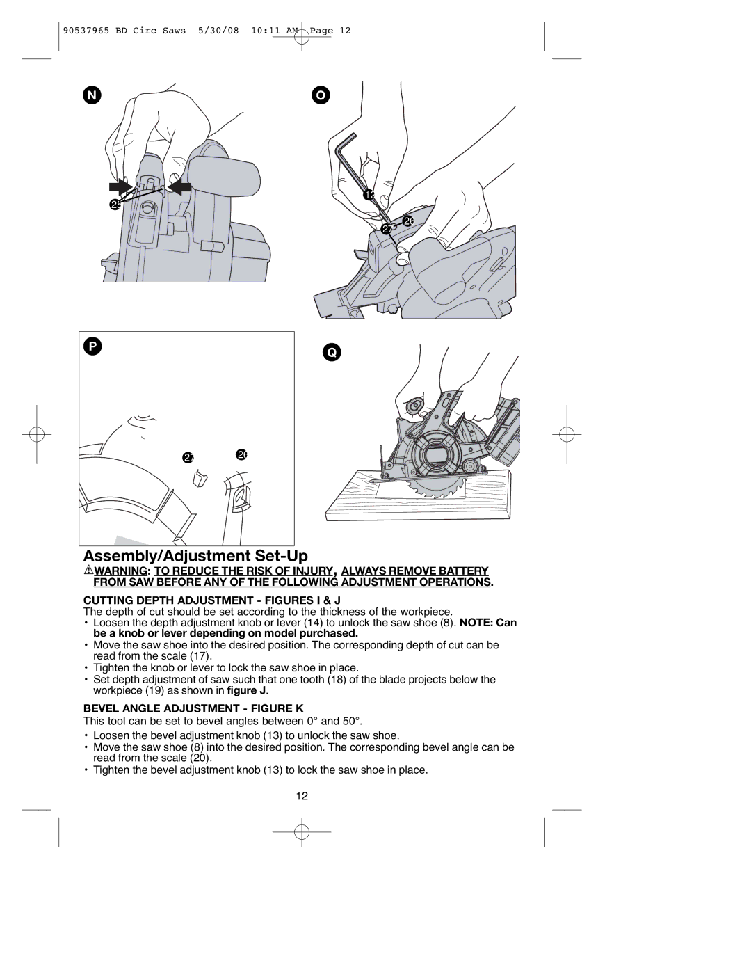 Black & Decker 90537965, BDCS1806, BDCS1807 Cutting Depth Adjustment Figures I & J, Bevel Angle Adjustment Figure K 