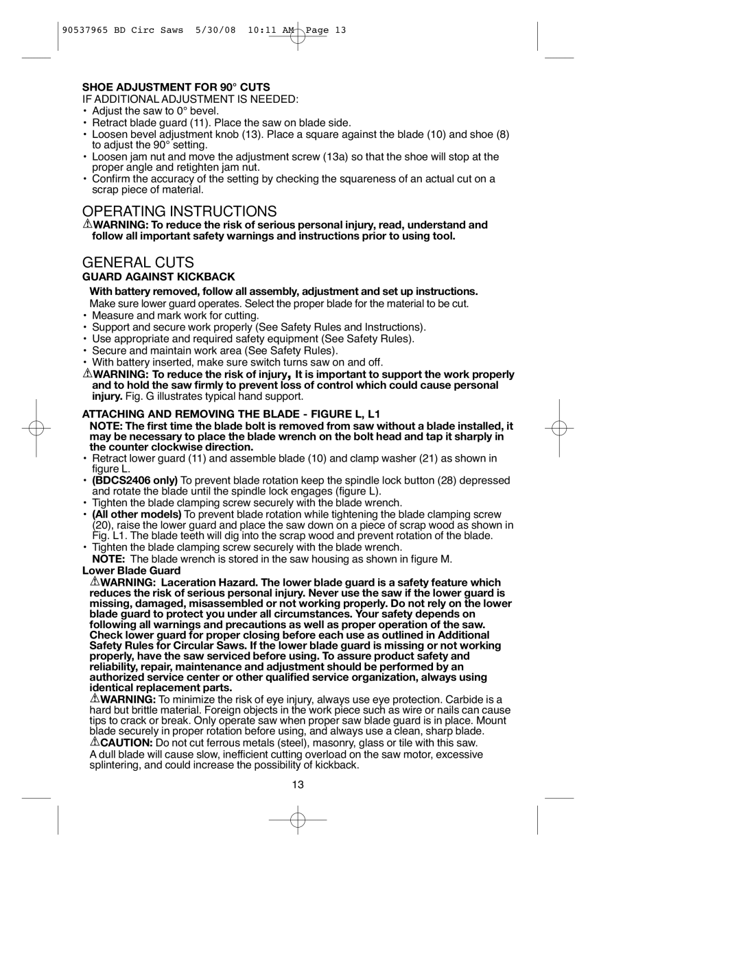 Black & Decker BDCS1806, 90537965, BDCS1807, BDCSL1806 Operating Instructions General Cuts, Shoe Adjustment for 90 Cuts 