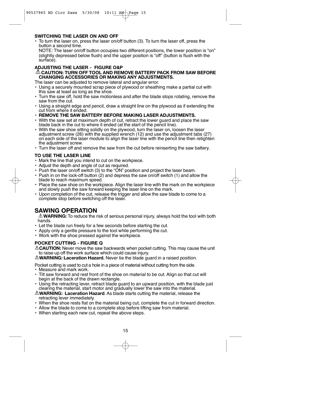 Black & Decker BDCSL1806, 90537965, BDCS1806, BDCS1807, BDCS2406, BDGCS1806 instruction manual Sawing Operation 