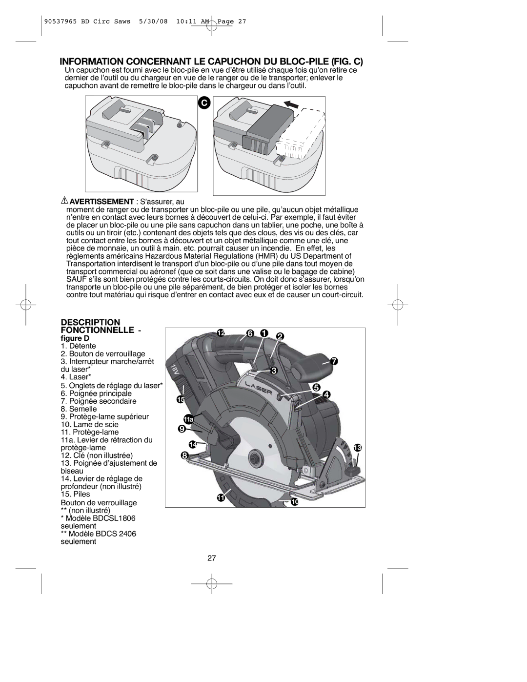 Black & Decker BDCSL1806, 90537965 Information Concernant LE Capuchon DU BLOC-PILE FIG. C, Avertissement S’assurer, au 