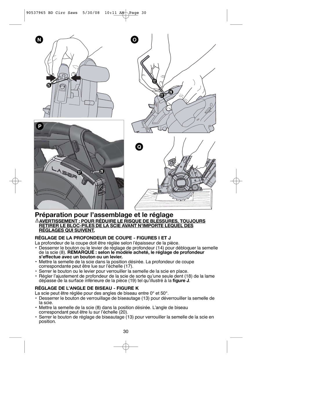 Black & Decker 90537965, BDCS1806 Préparation pour l’assemblage et le réglage, Réglage DE L’ANGLE DE Biseau Figure K 