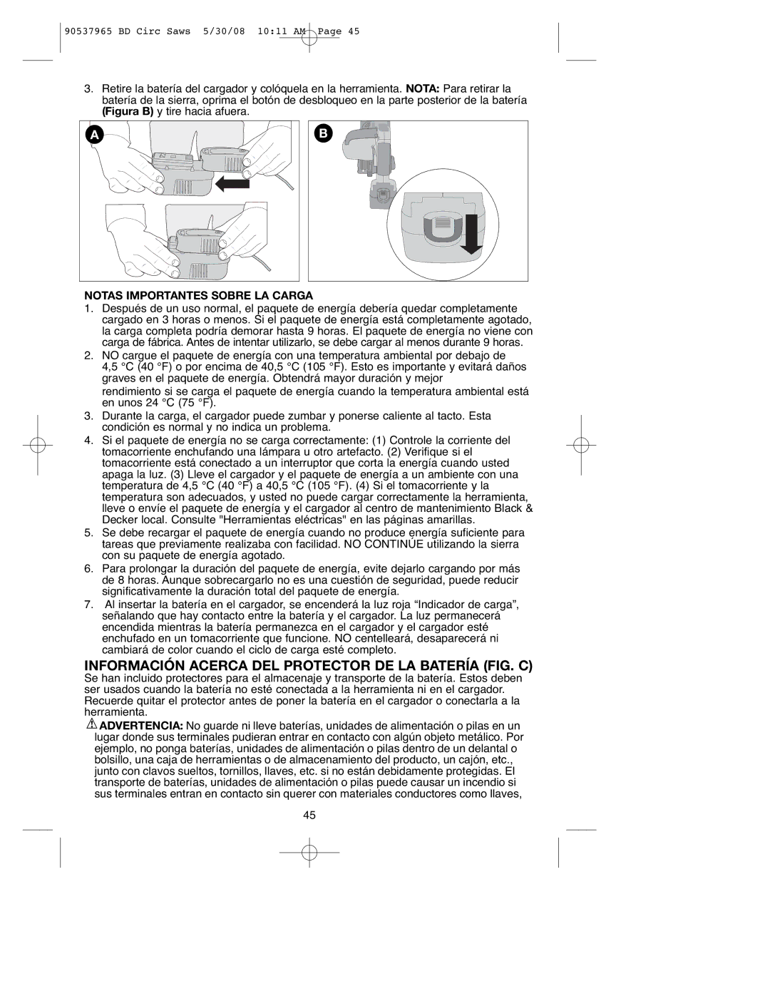 Black & Decker BDCSL1806, 90537965 Información Acerca DEL Protector DE LA Batería FIG. C, Notas Importantes Sobre LA Carga 