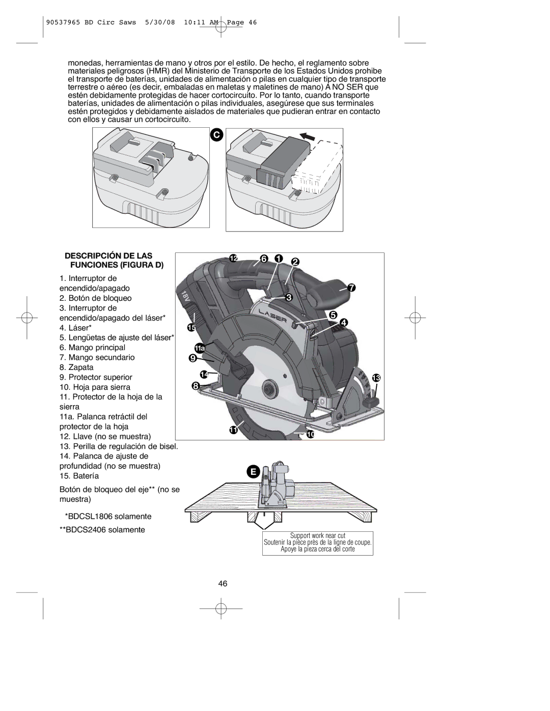 Black & Decker BDCS2406, 90537965, BDCS1806, BDCS1807, BDCSL1806 Descripción DE LAS Funciones Figura D, Mango principal 